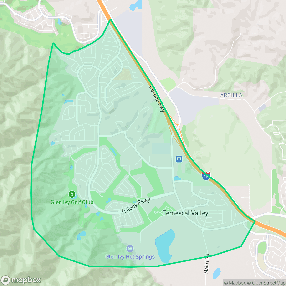 Map showing the location of Trilogy, Temescal Valley, CA