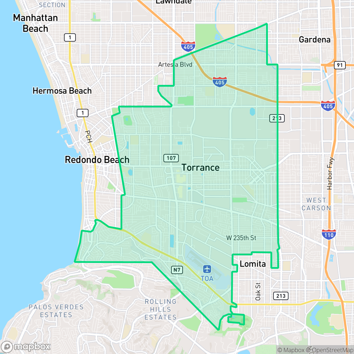Map showing the location of Torrance, CA — coverage area