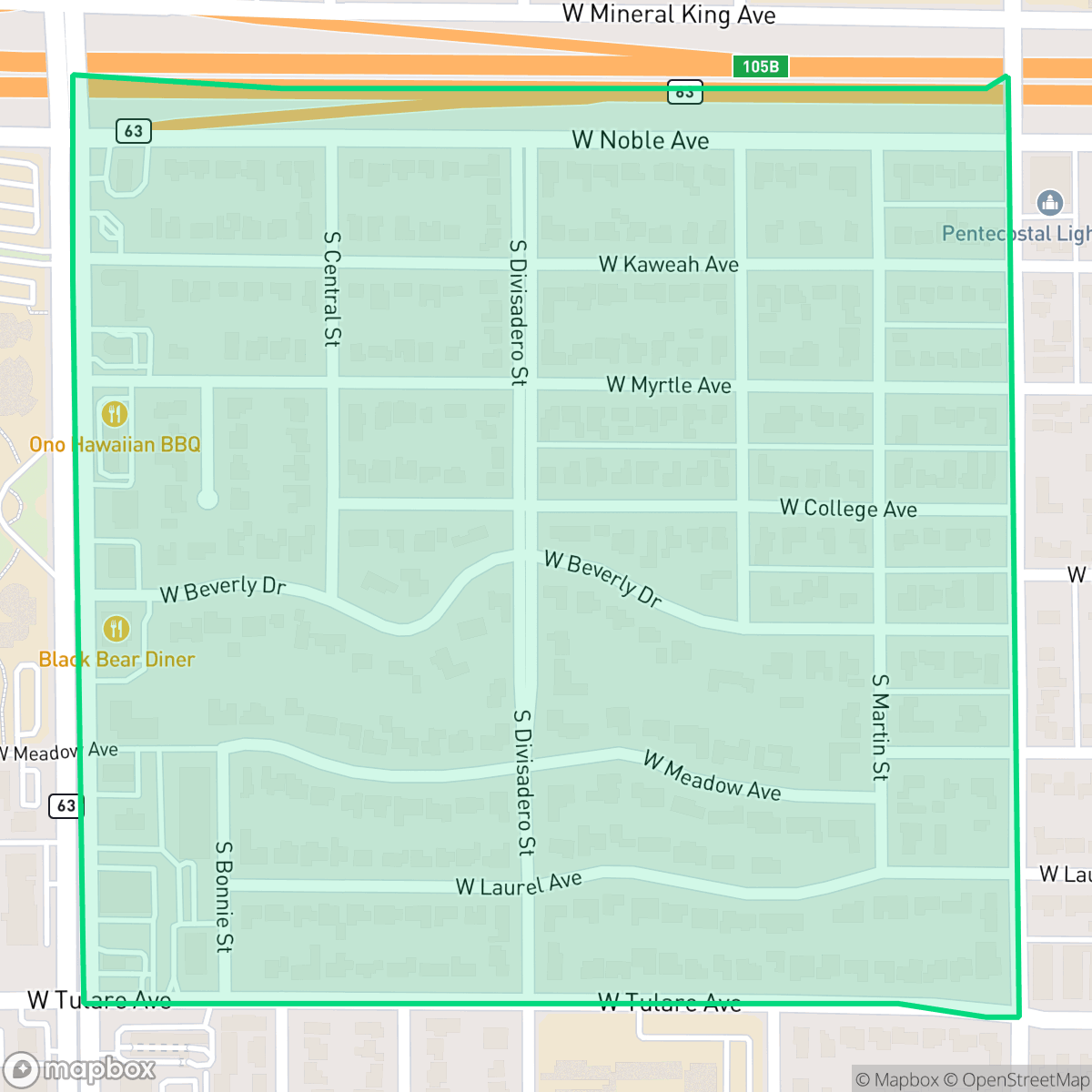 Map showing the location of Beverley Glen, Visalia, CA