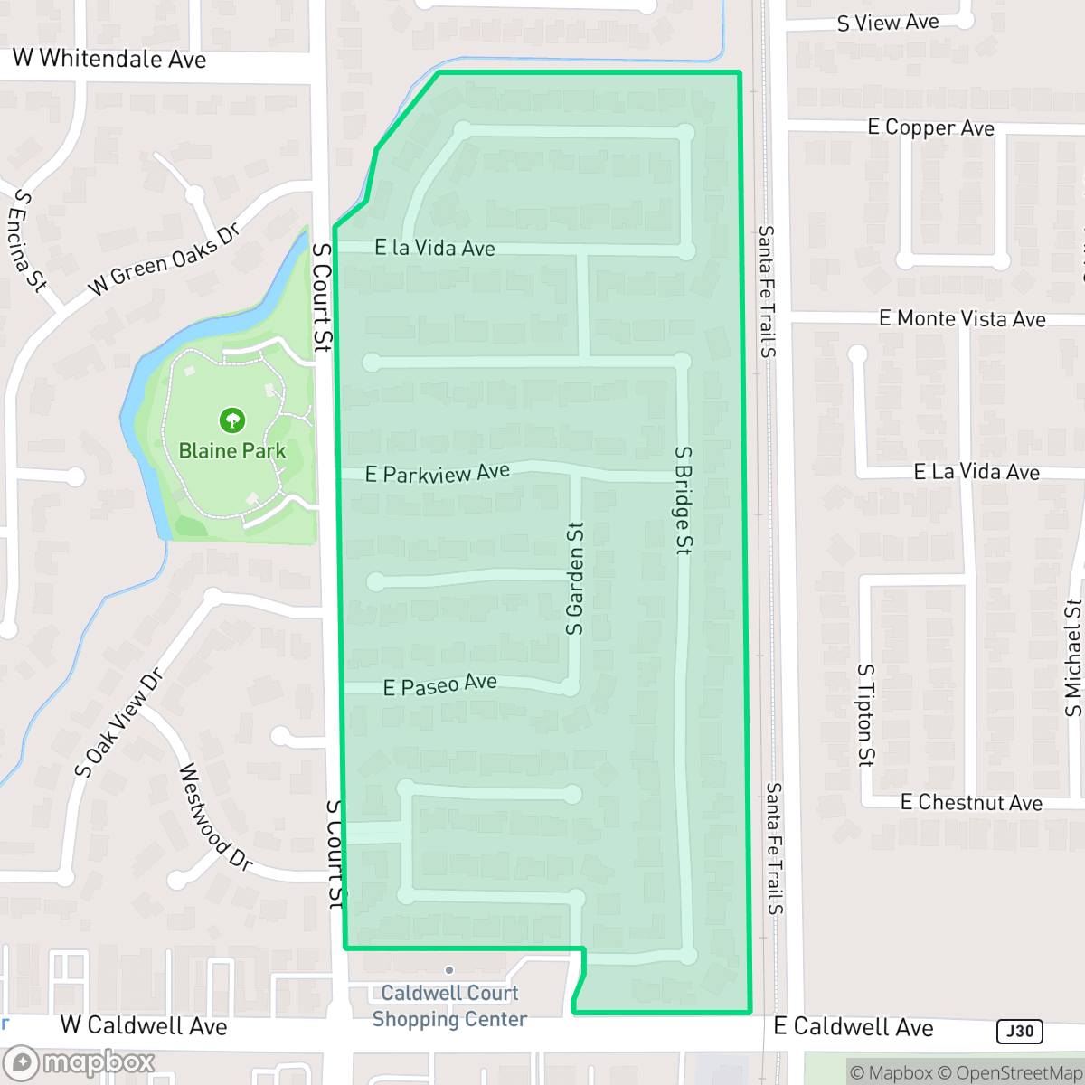 Map showing the location of Packwood Creek Estates, Visalia, CA