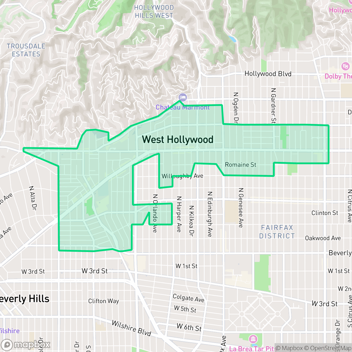 Map showing the location of West Hollywood, CA — coverage area