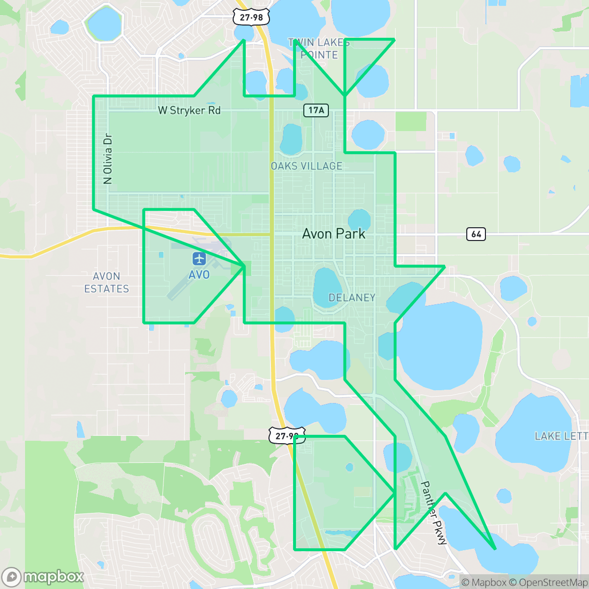 Map showing the location of Avon Park, FL — coverage area