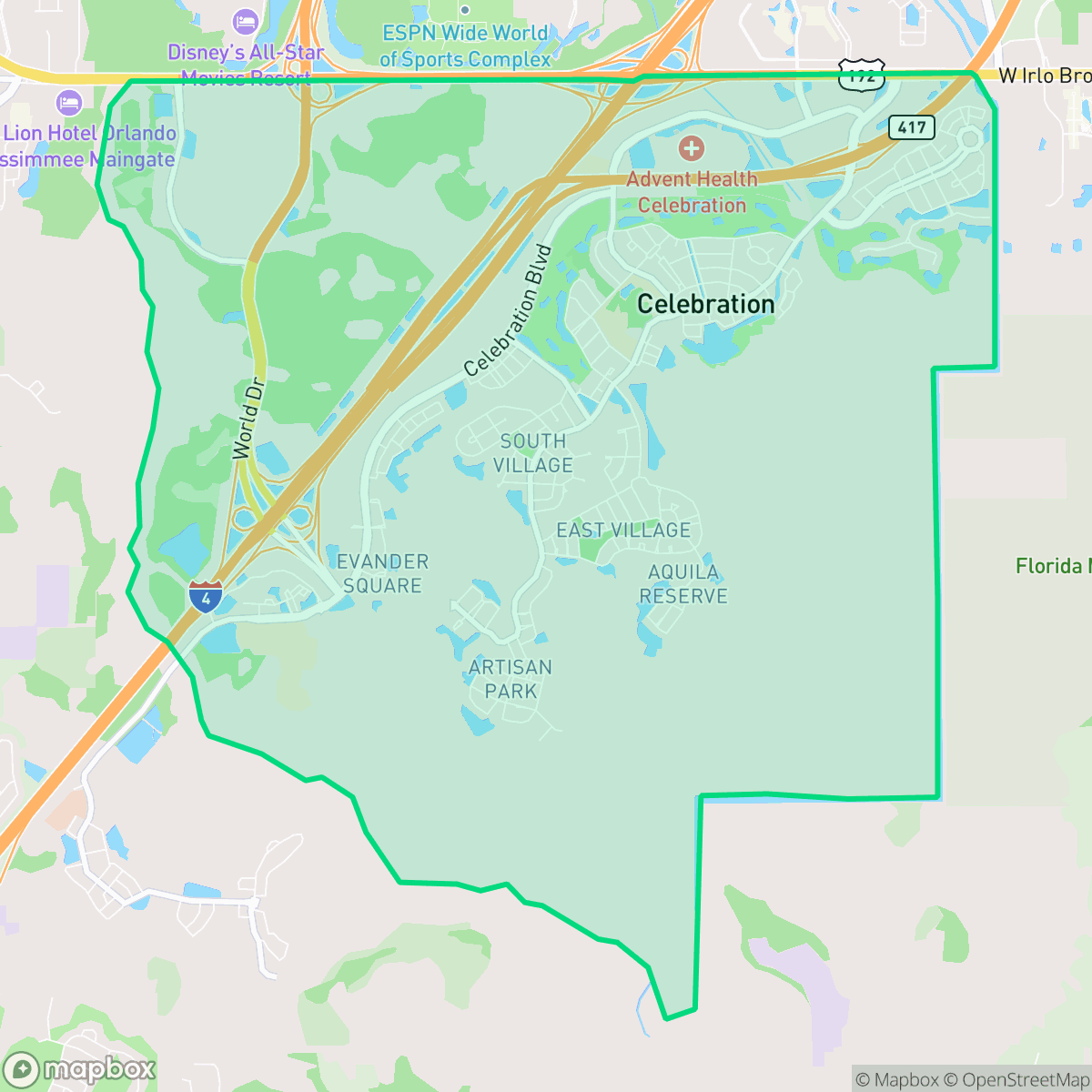 Map showing the location of Celebration, FL — coverage area