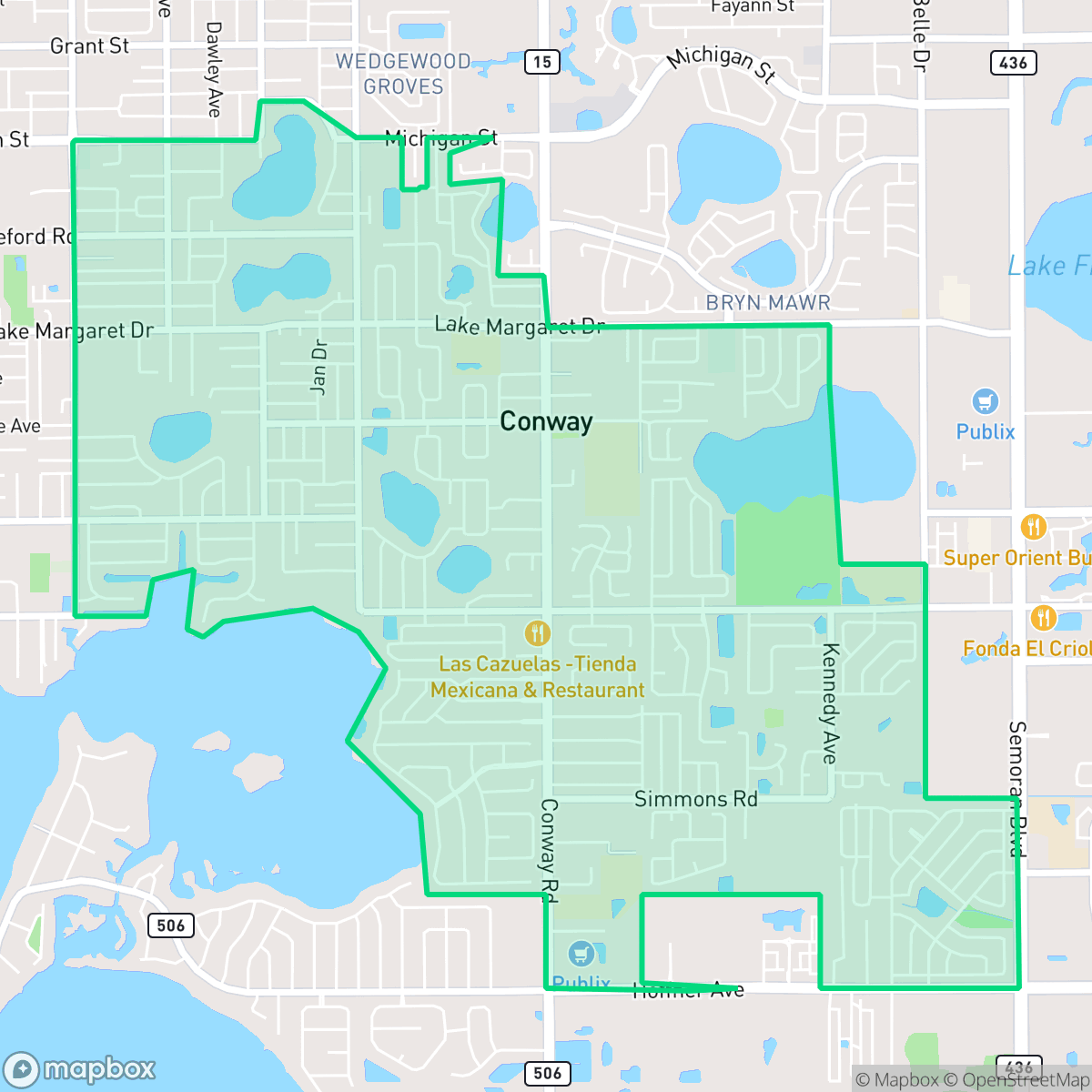 Map showing the location of Conway, FL — coverage area