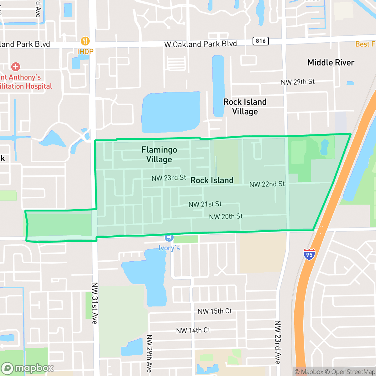 Map showing the location of Rock Island, Fort Lauderdale, FL