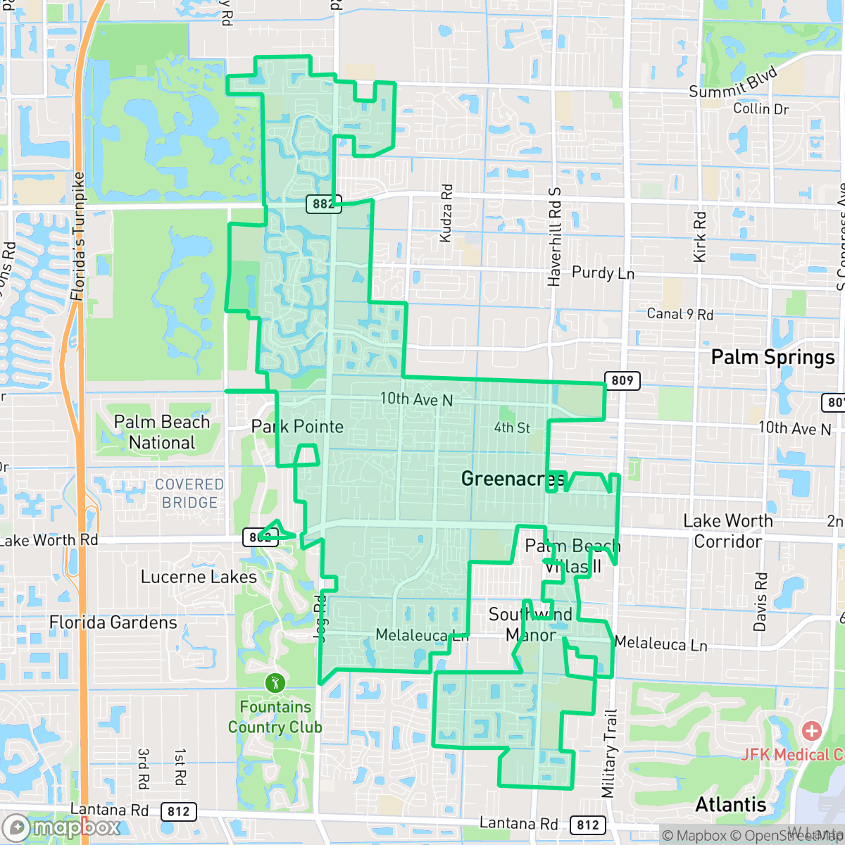 Map showing the location of Greenacres, FL — coverage area