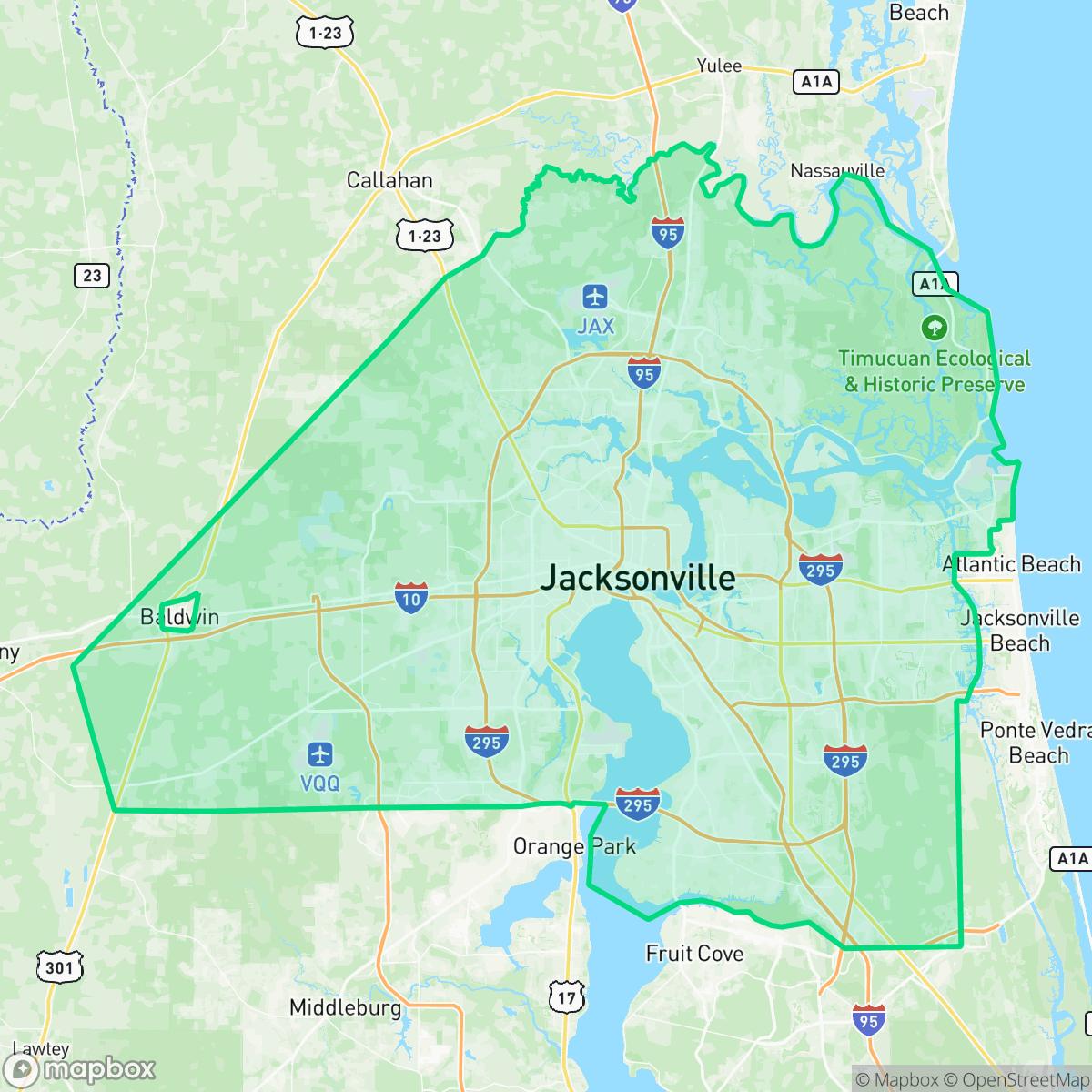 Map showing the location of Jacksonville, FL — coverage area