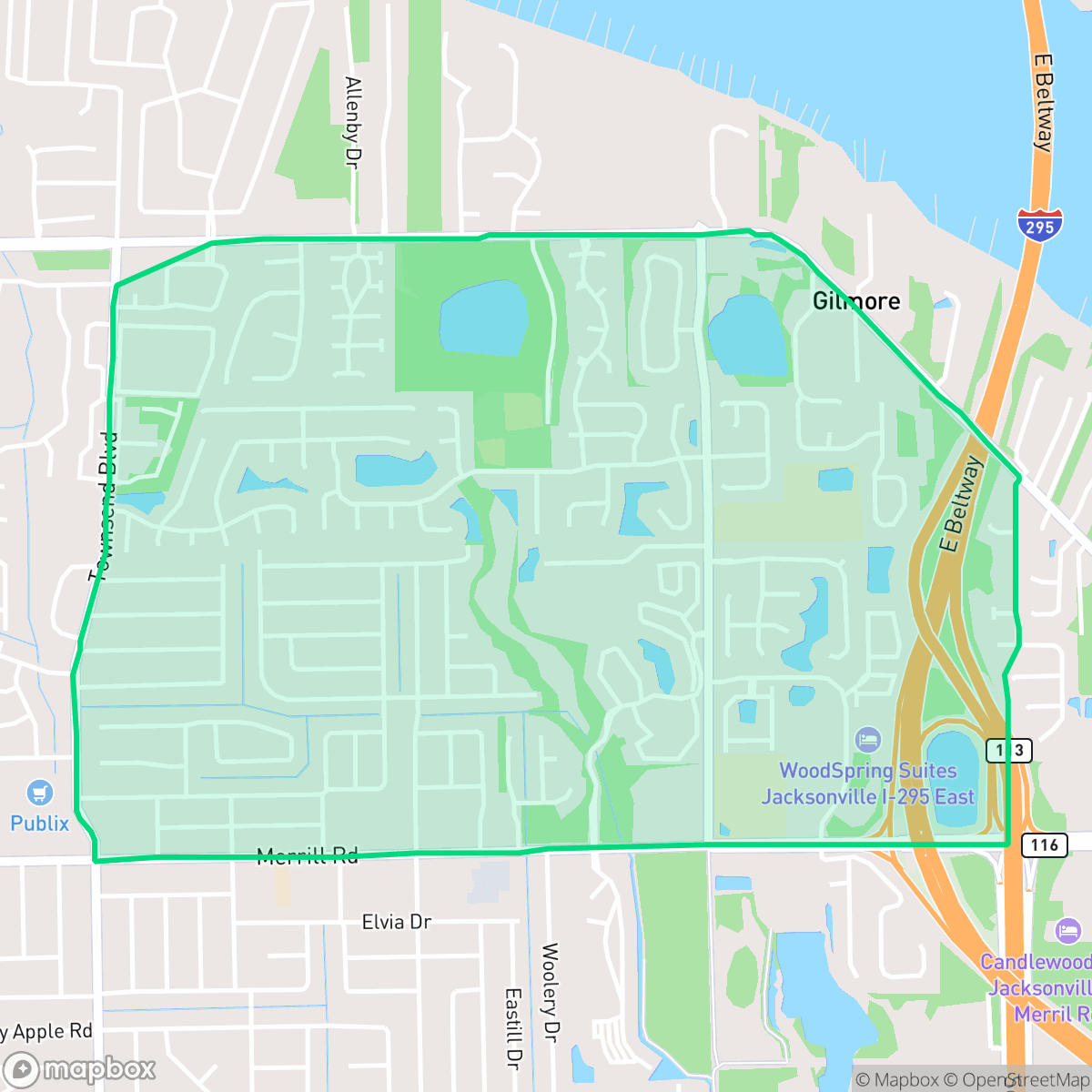 Map showing the location of Arlington Hills, Jacksonville, FL