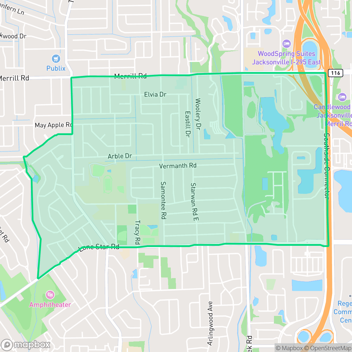Map showing the location of Arlingwood, Jacksonville, FL