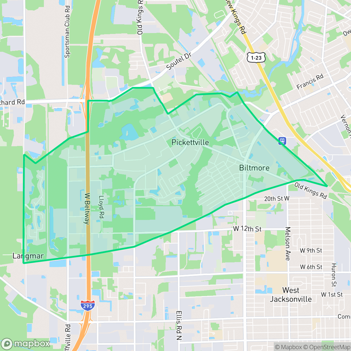 Map showing the location of Biltmore, Jacksonville, FL