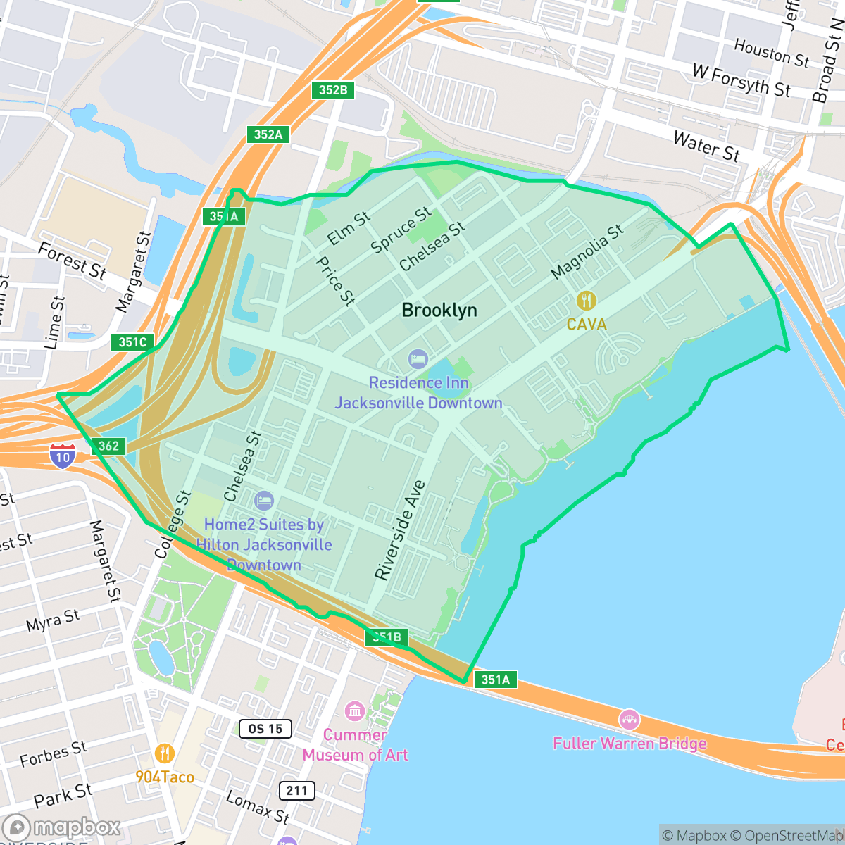 Map showing the location of Brooklyn, Jacksonville, FL