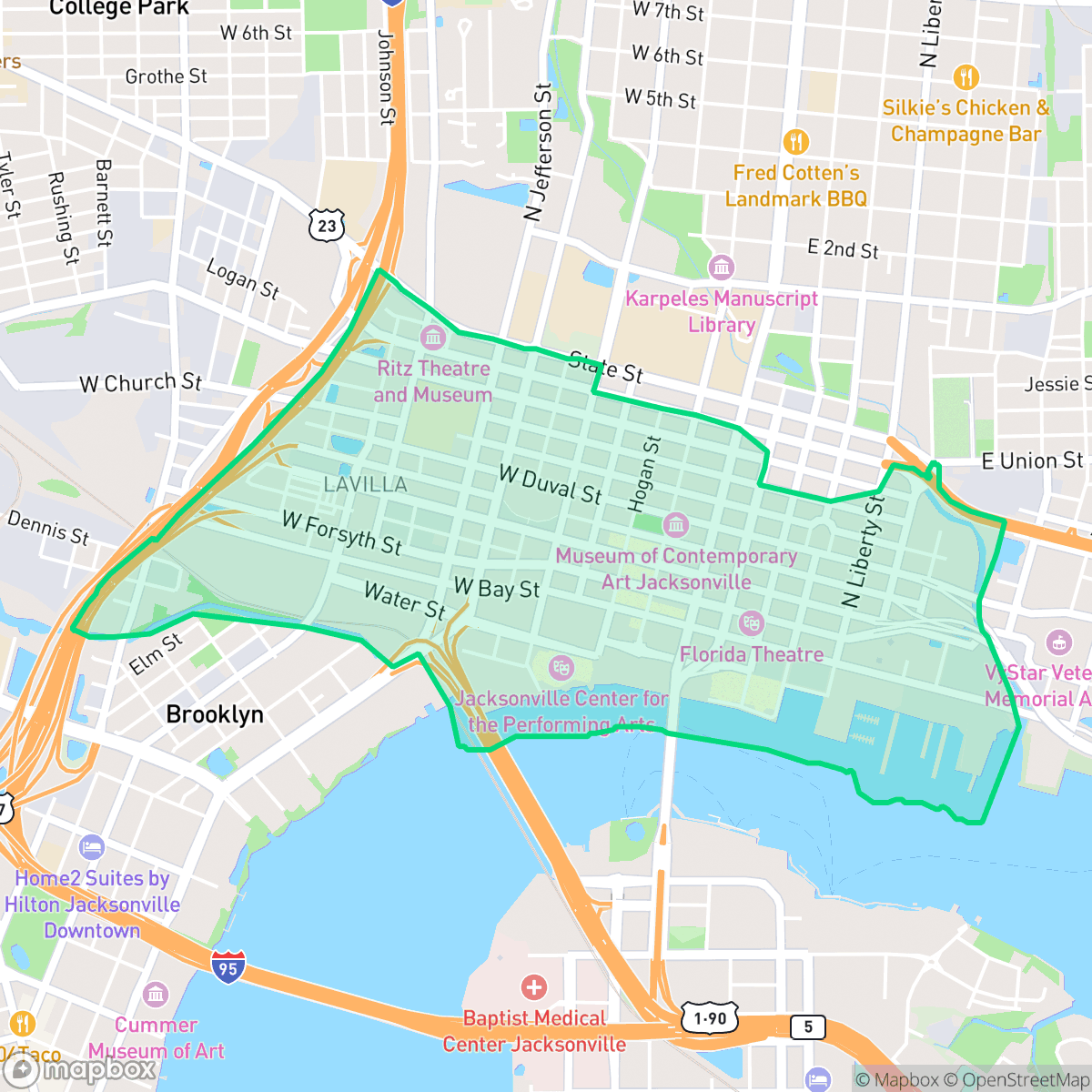 Map showing the location of Downtown Jacksonville, Jacksonville, FL
