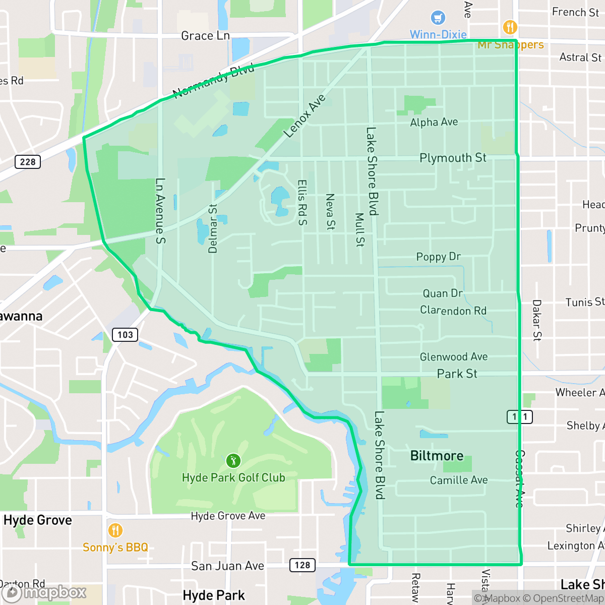 Map showing the location of Hillcrest, Jacksonville, FL
