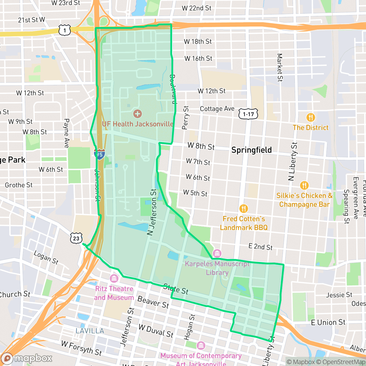 Map showing the location of Hogan's Creek, Jacksonville, FL