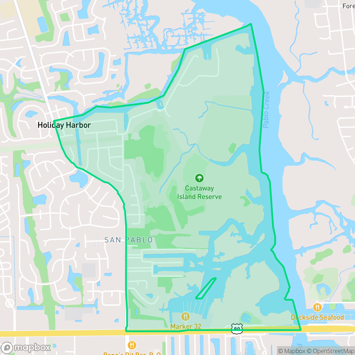 Map showing the location of Holiday Harbors, Jacksonville, FL