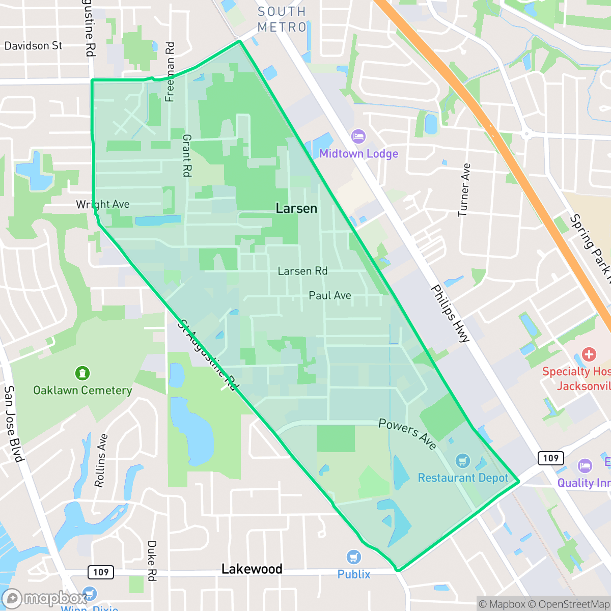 Map showing the location of Larsen, Jacksonville, FL