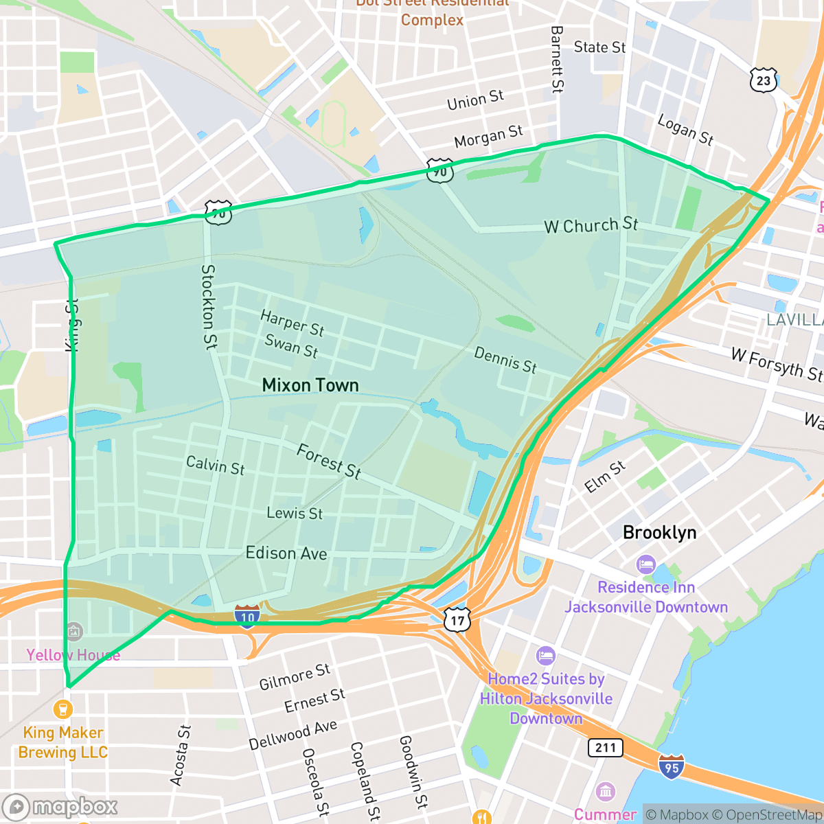 Map showing the location of Mixon Town, Jacksonville, FL