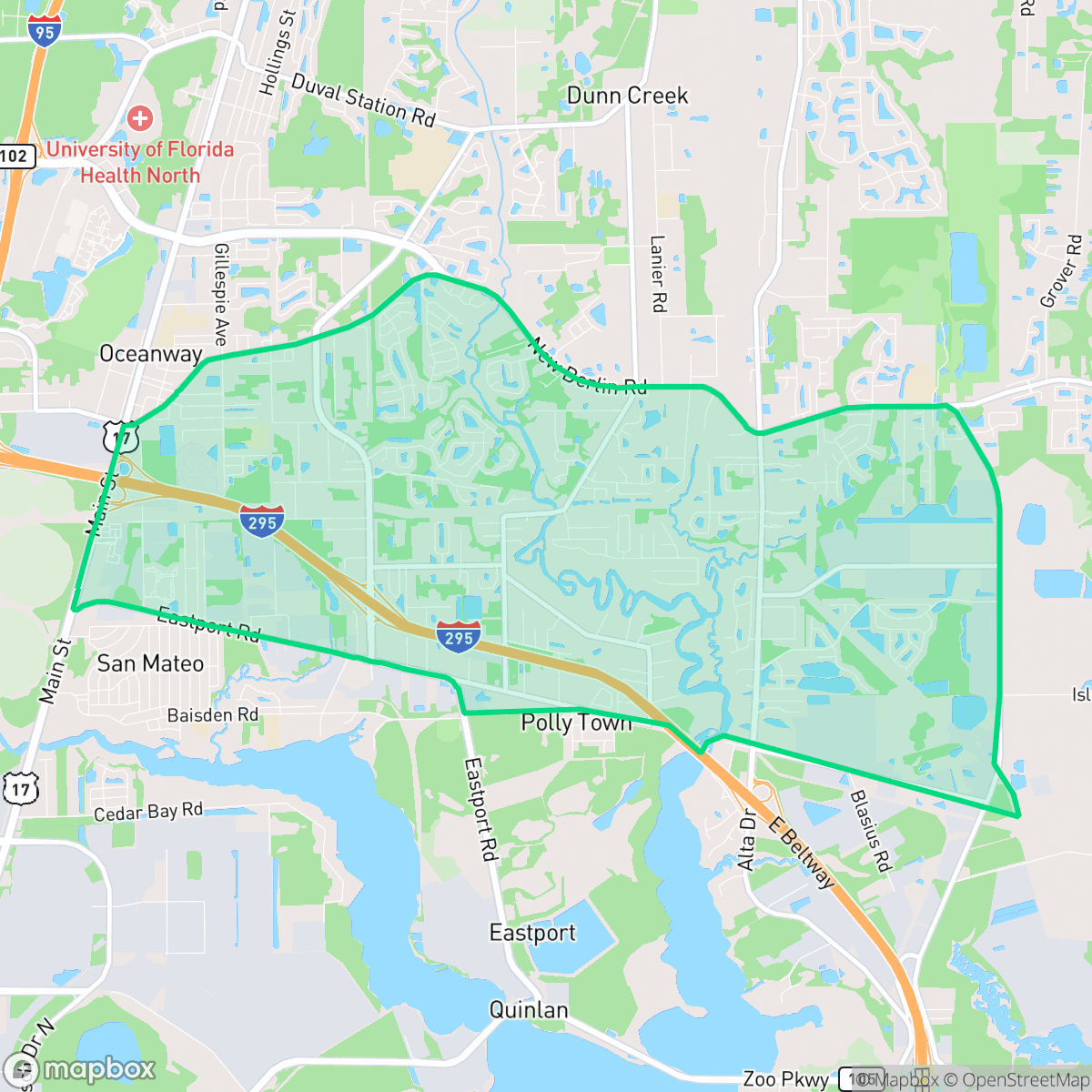 Map showing the location of Oceanway, Jacksonville, FL