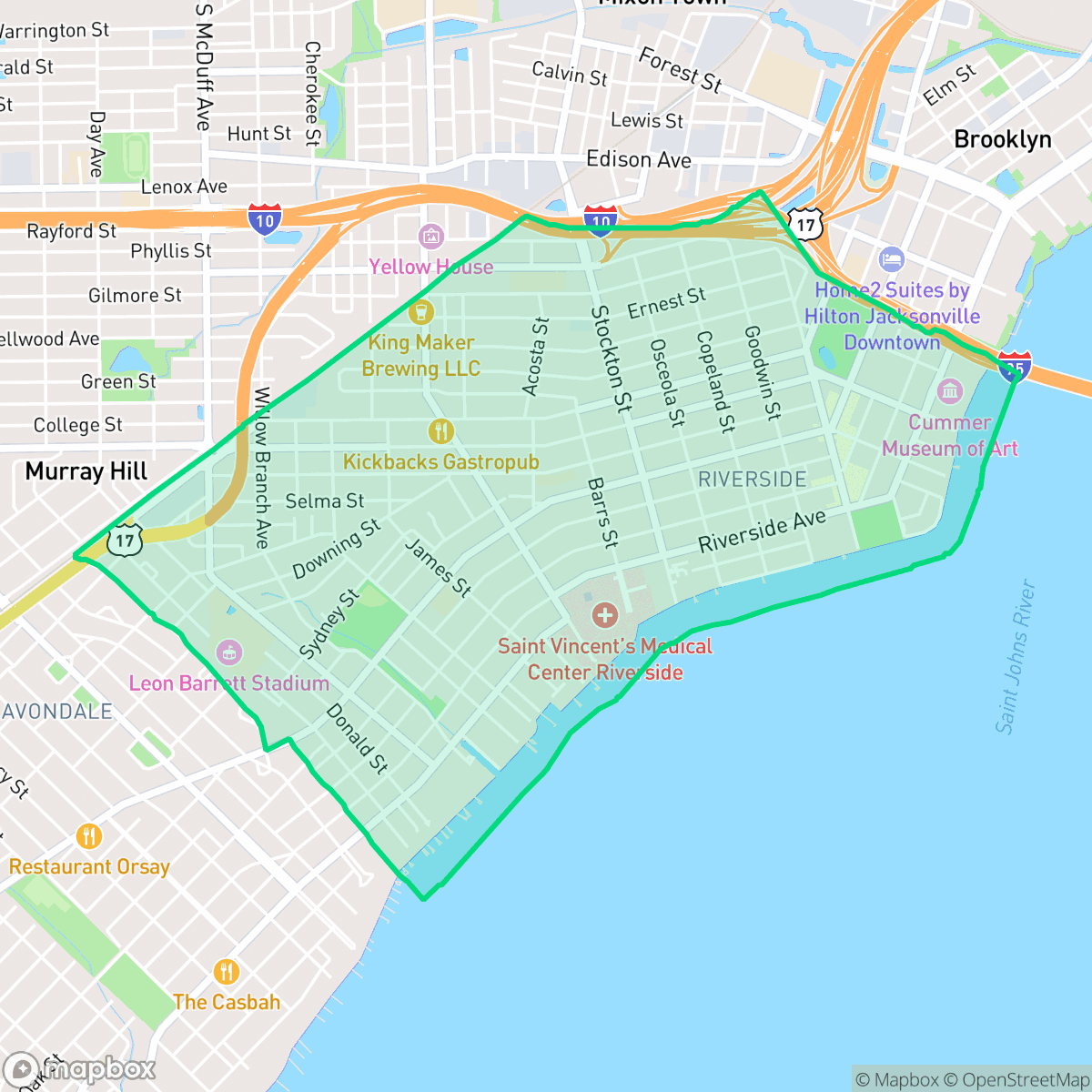 Map showing the location of Riverside, Jacksonville, FL