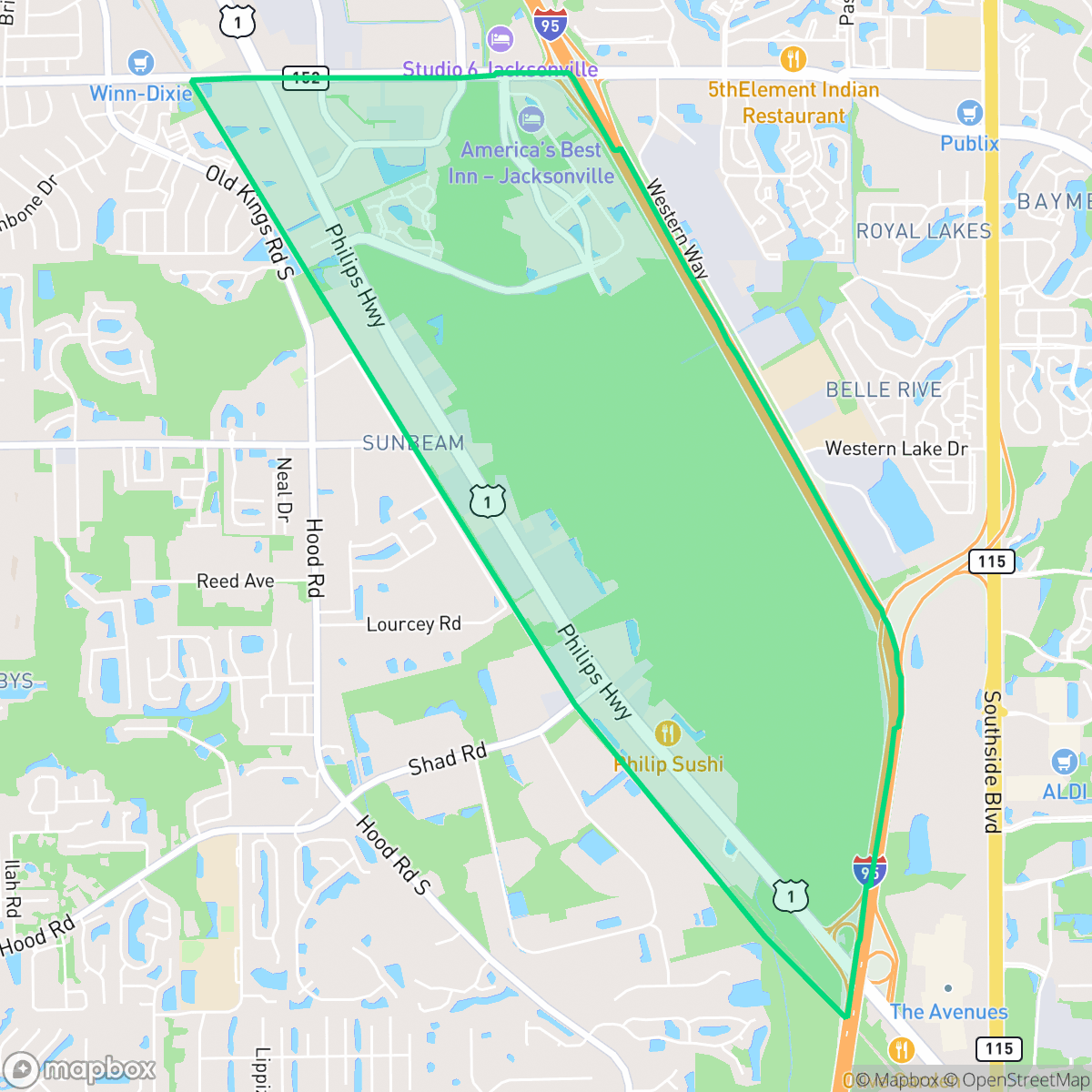 Map showing the location of Swamp, Jacksonville, FL