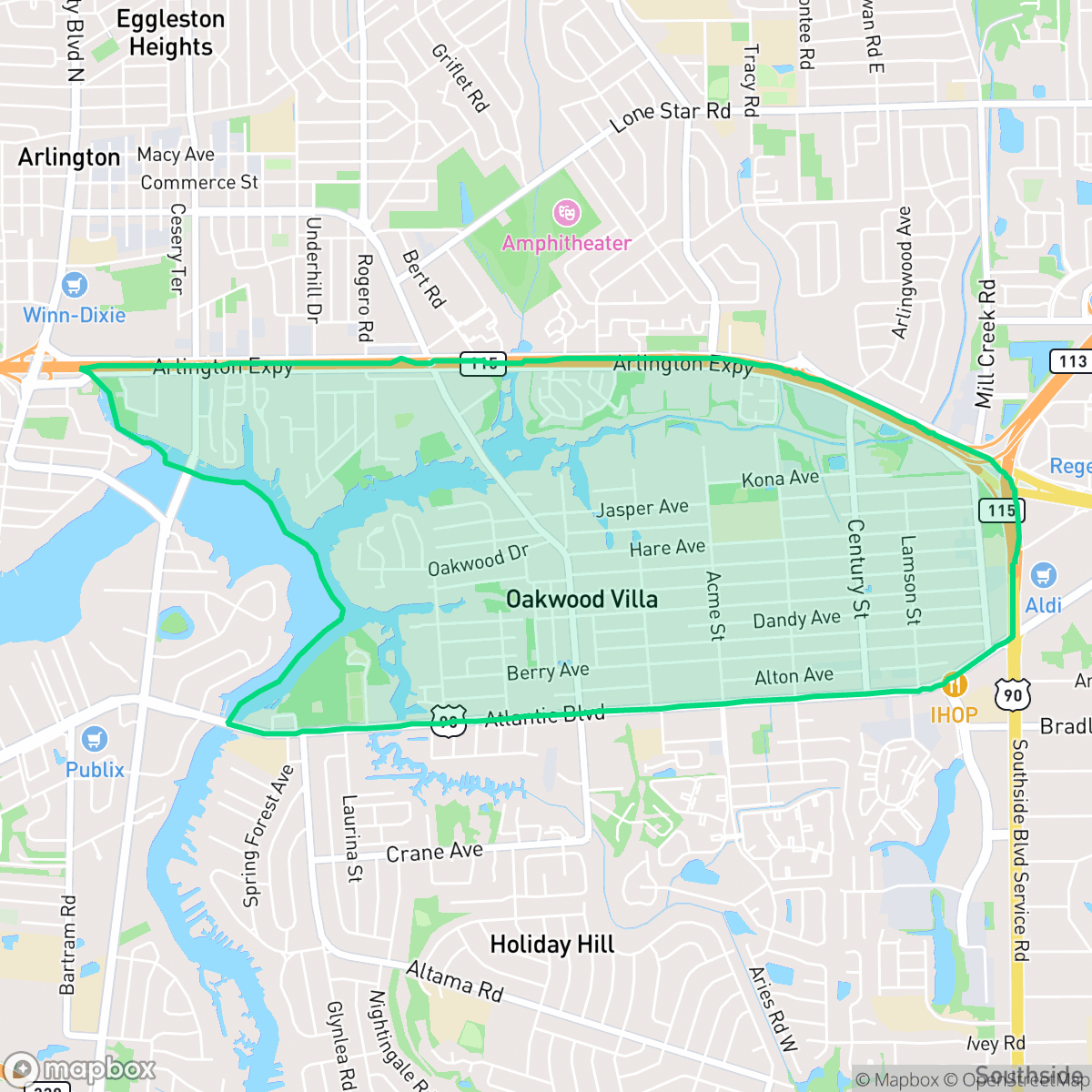 Map showing the location of Woodland Acres, Jacksonville, FL