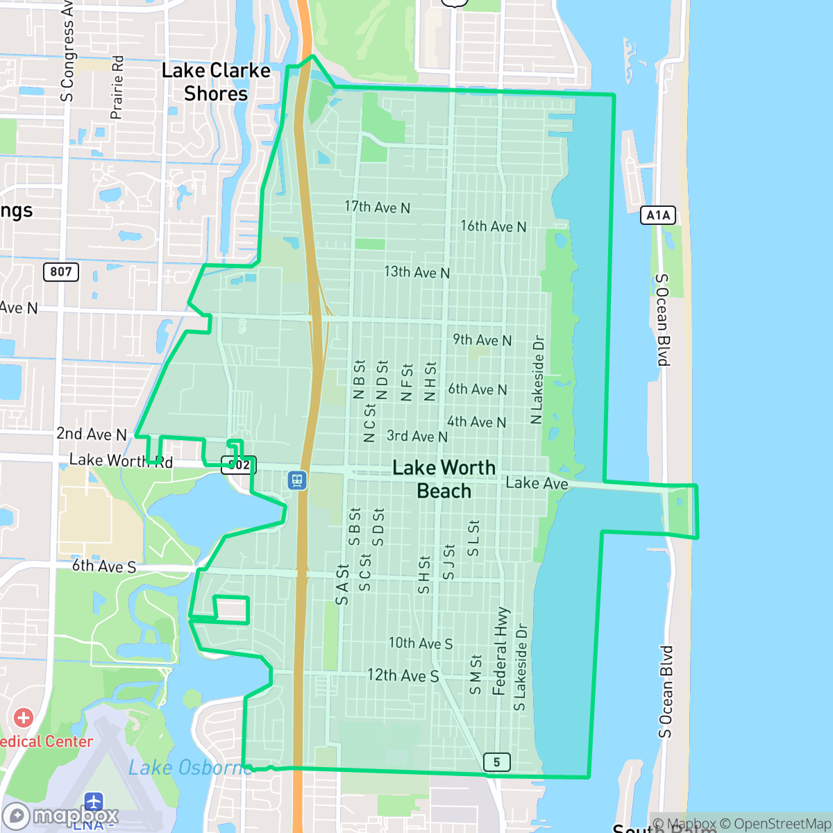 Map showing the location of Lake Worth Beach, FL — coverage area