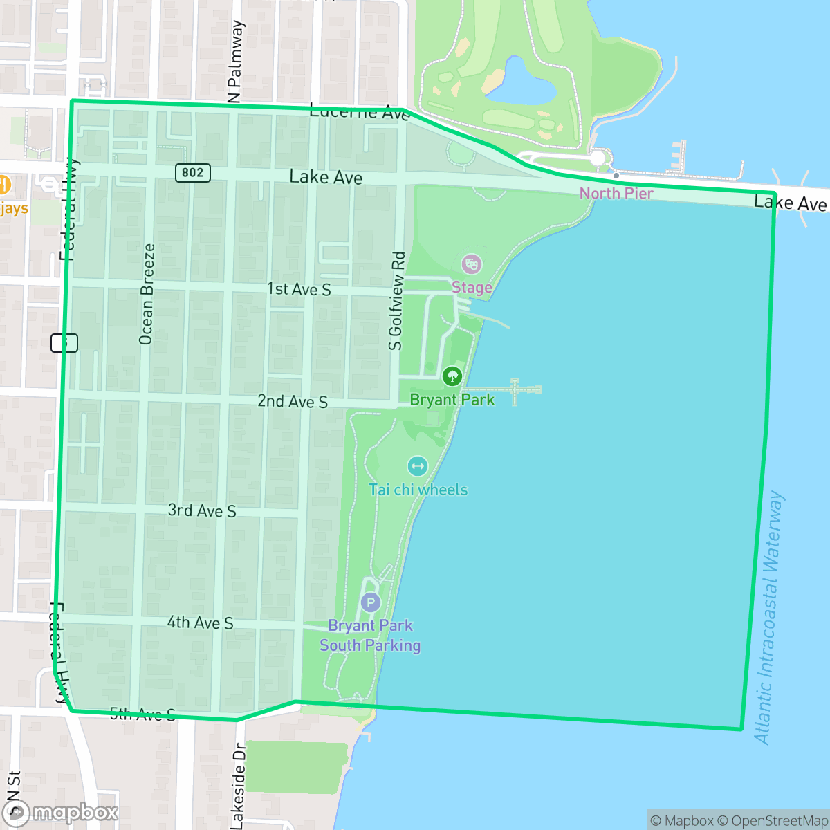 Map showing the location of Bryant Park, Lake Worth Beach, FL