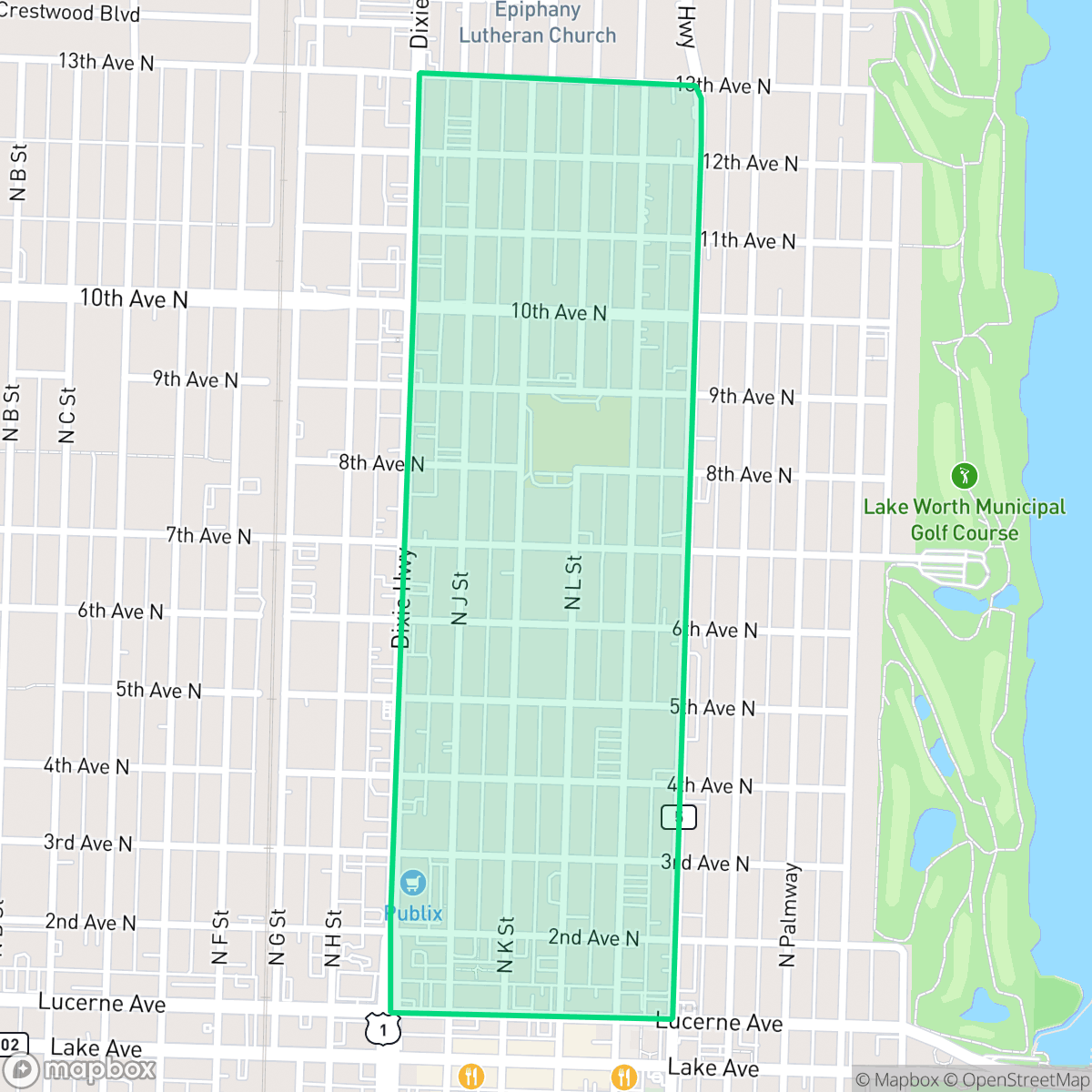 Map showing the location of Mango Groves, Lake Worth Beach, FL