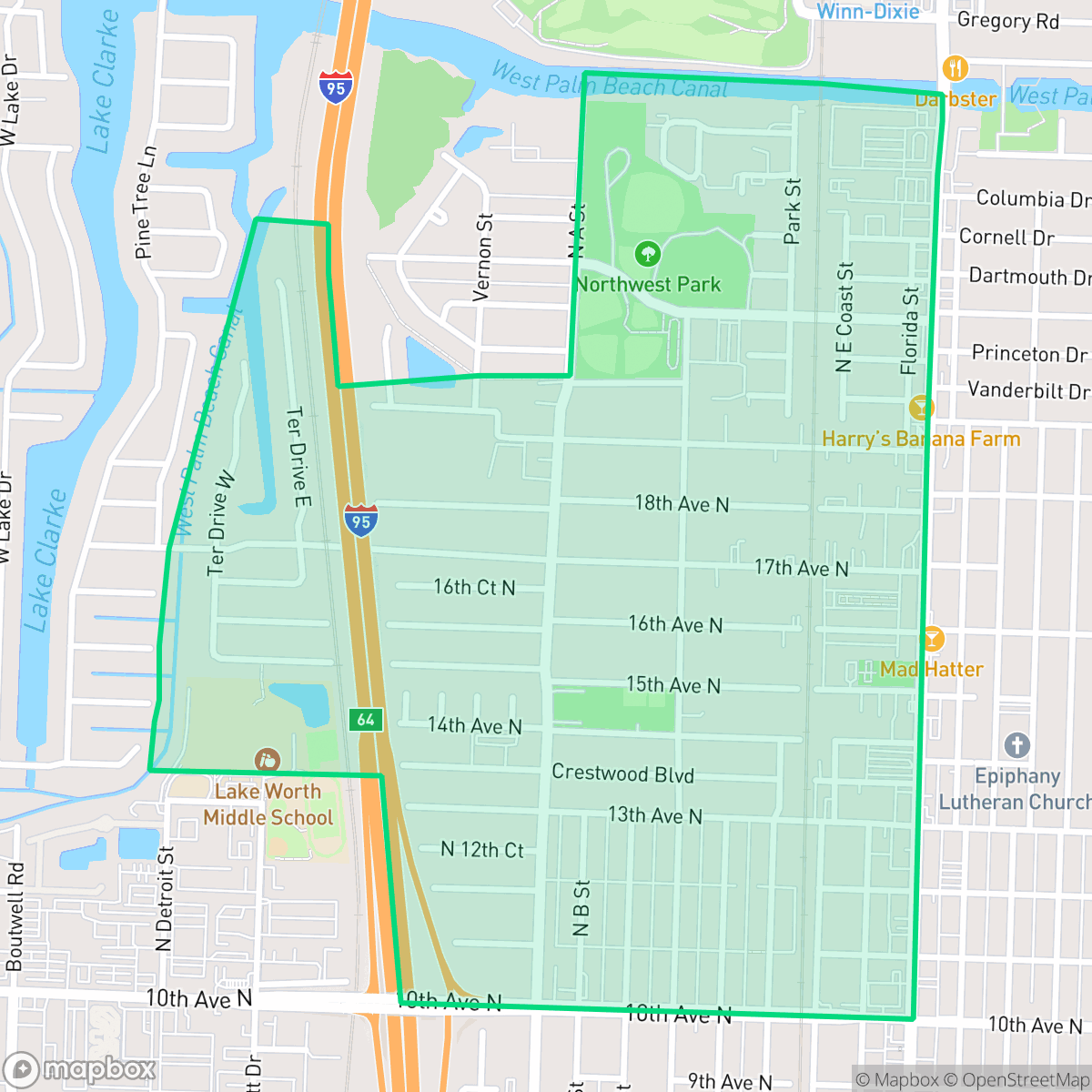 Map showing the location of Sunset Ridge, Lake Worth Beach, FL