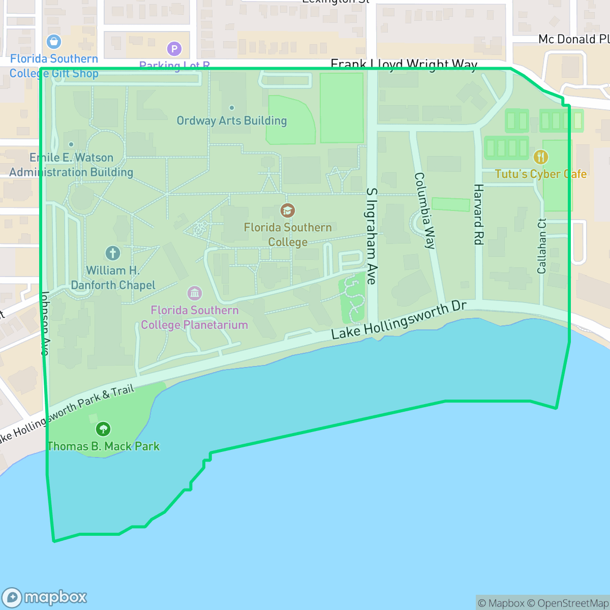 Map showing the location of Florida Southern College, Lakeland, FL