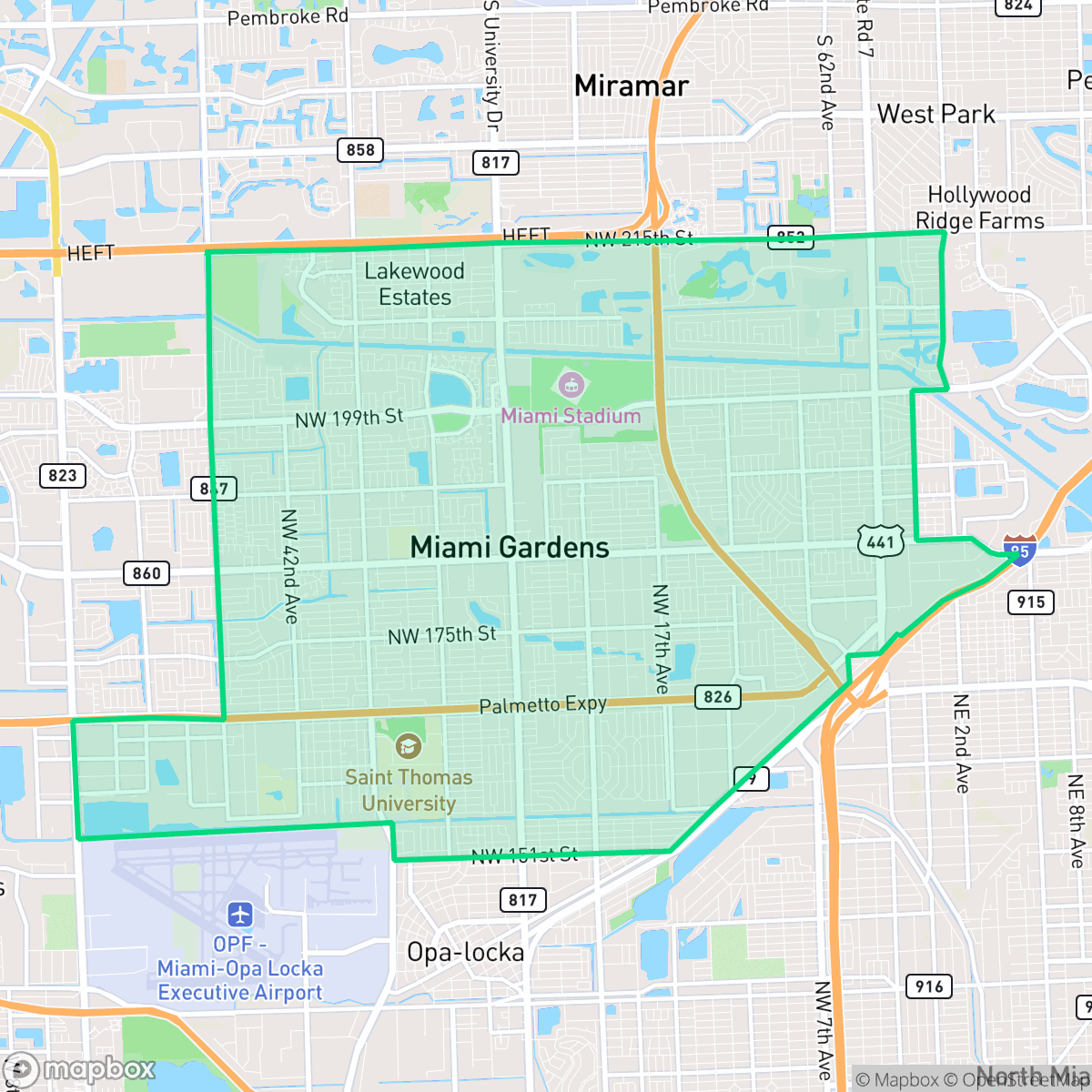 Map showing the location of Miami Gardens, FL — coverage area