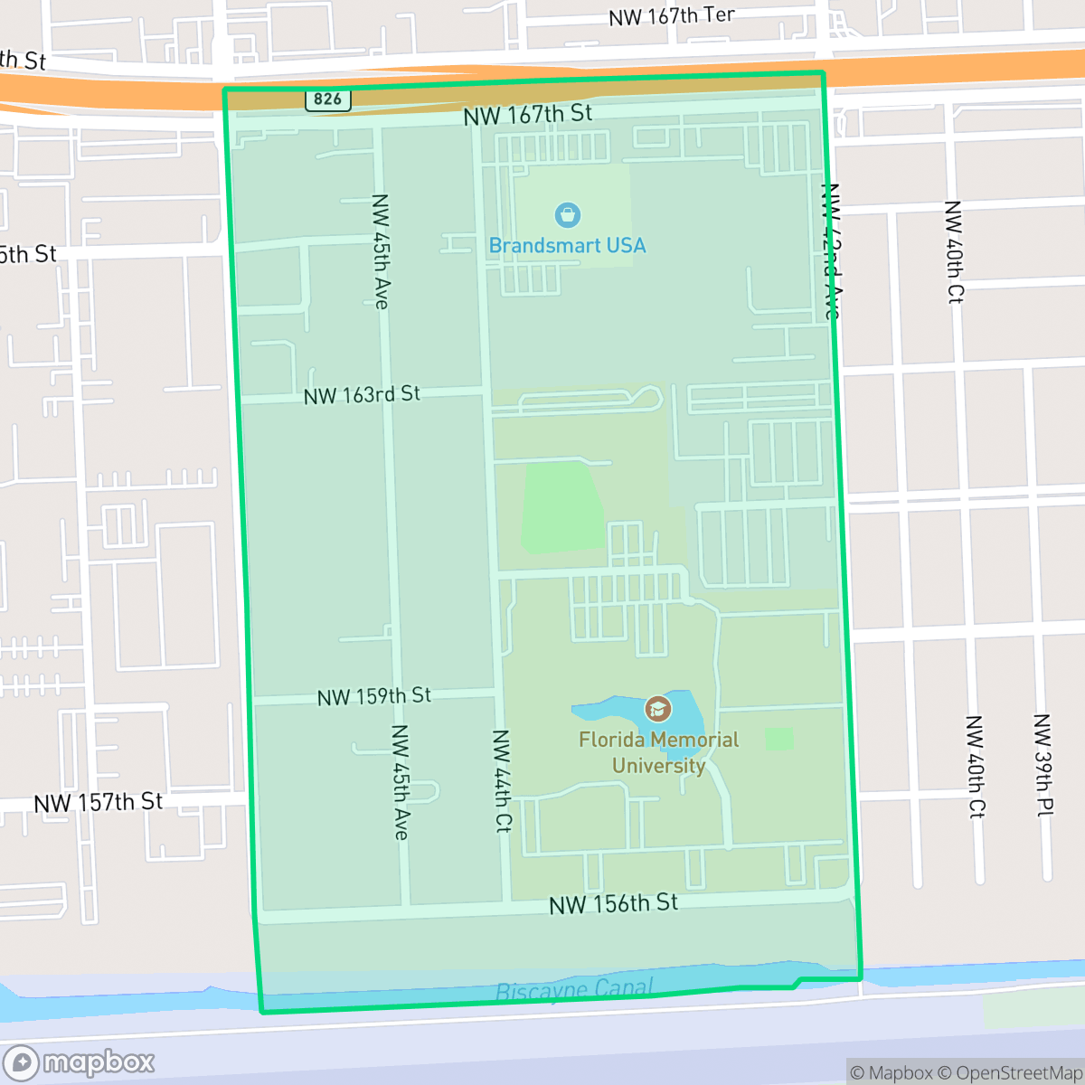 Map showing the location of Florida Memorial University, Miami Gardens, FL