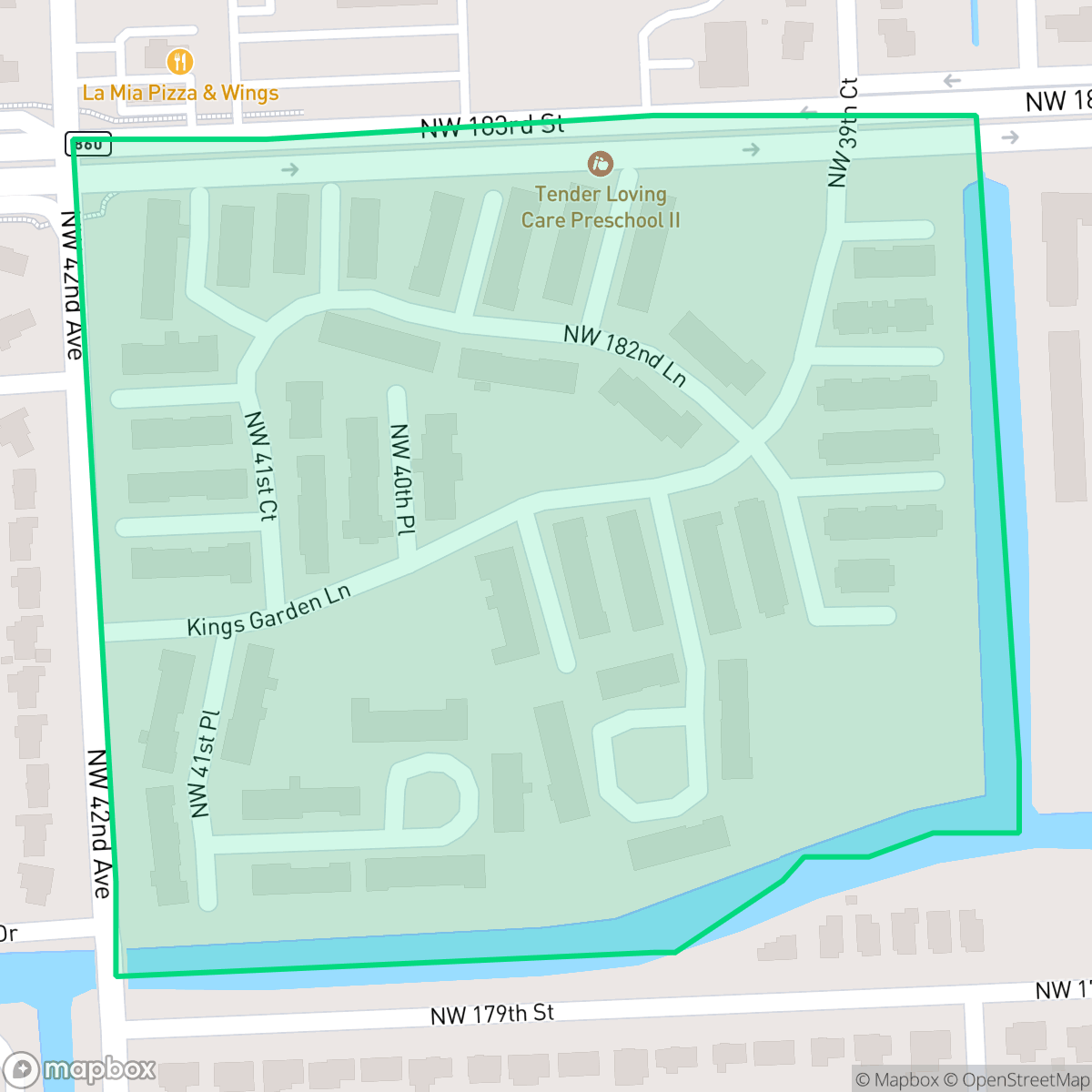 Map showing the location of Lejenue Gardens, Miami Gardens, FL
