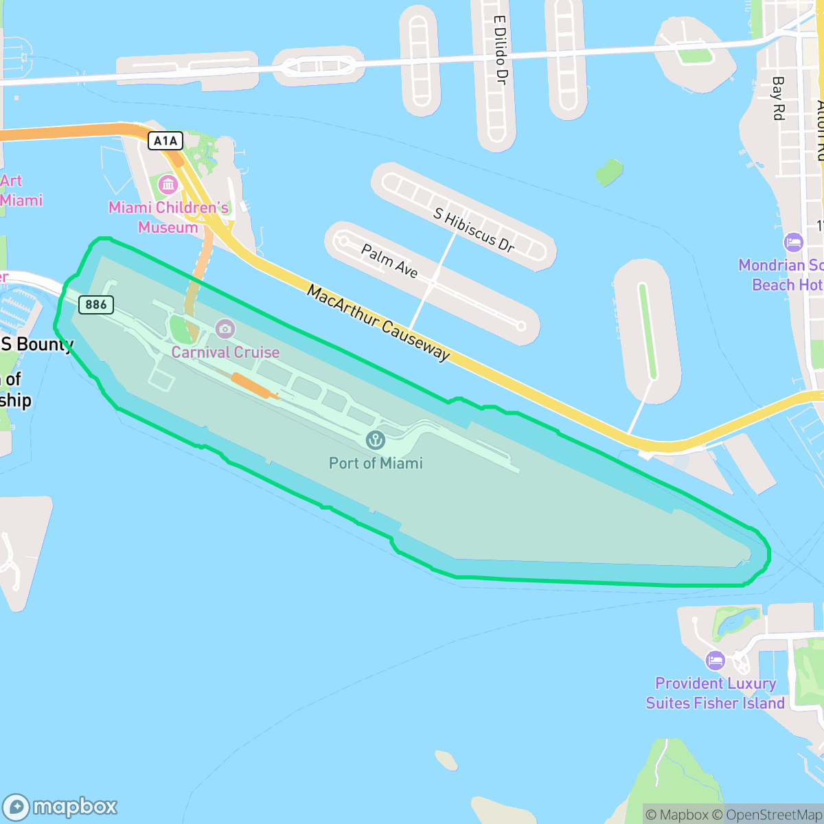 Map showing the location of Port of Miami - Dodge Island, Miami, FL