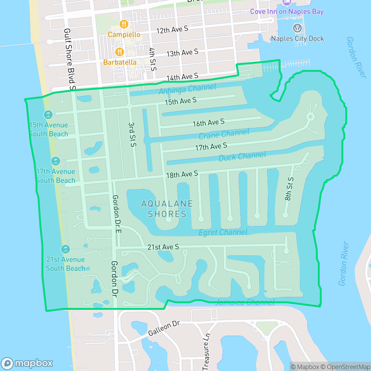 Map showing the location of Aqualane Shore, Naples, FL