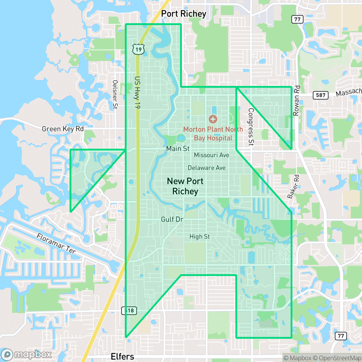 Map showing the location of New Port Richey, FL — coverage area