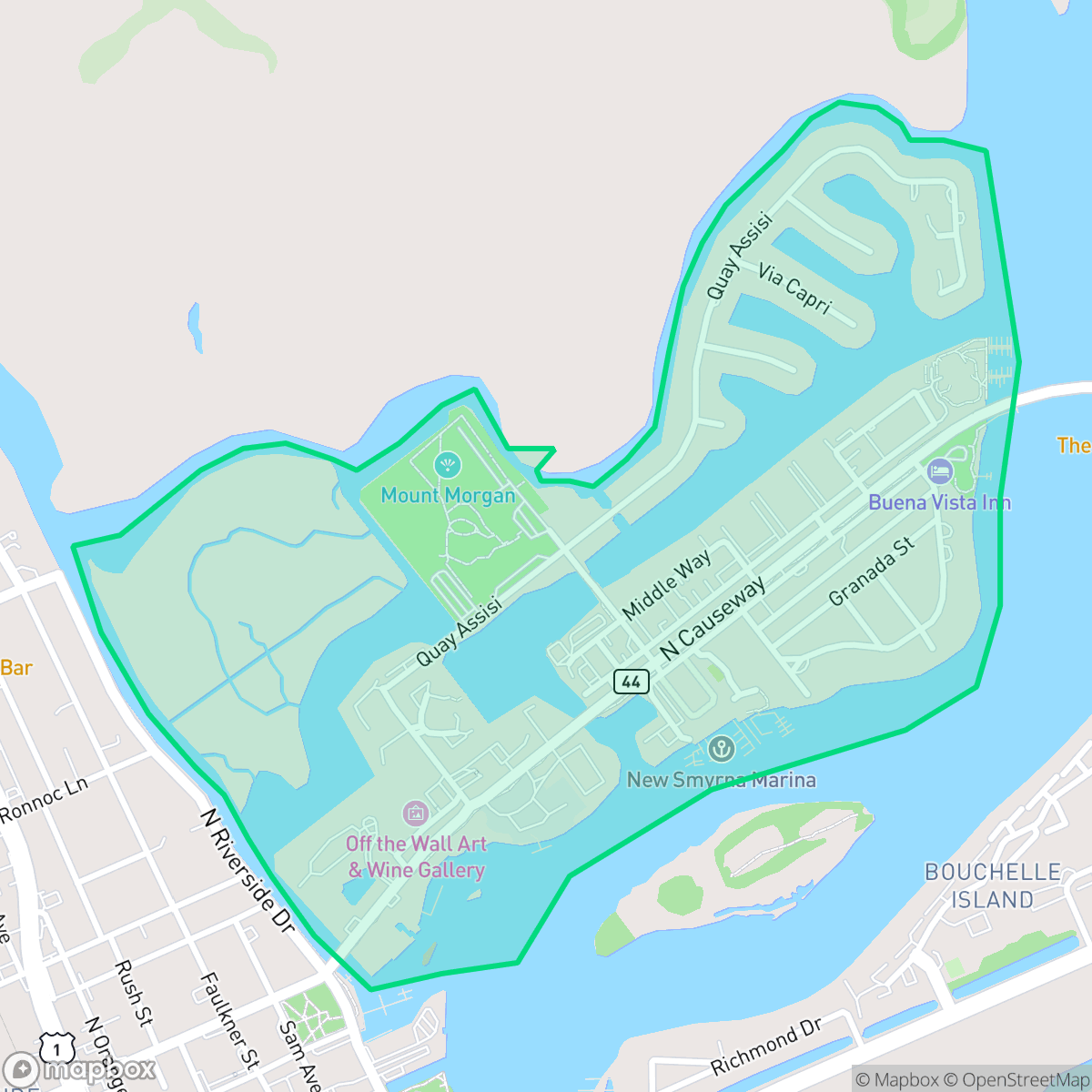 Map showing the location of North Causeway, New Smyrna Beach, FL