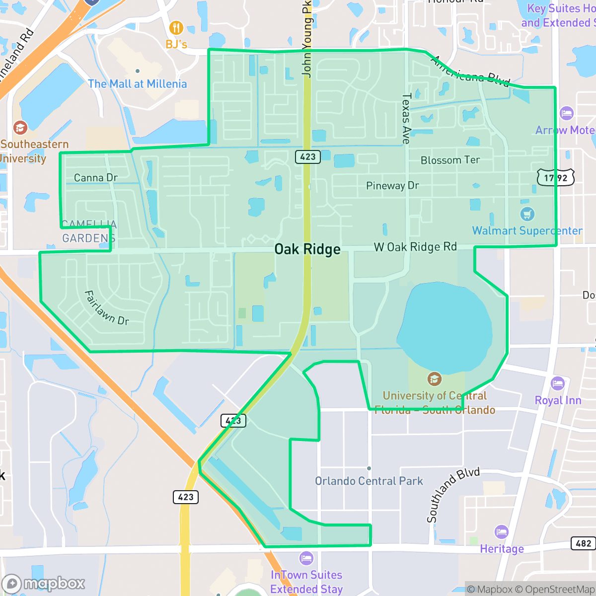 Map showing the location of Oak Ridge, FL — coverage area