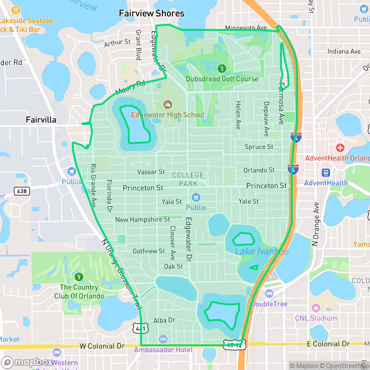Map showing the location of College Park, Orlando, FL
