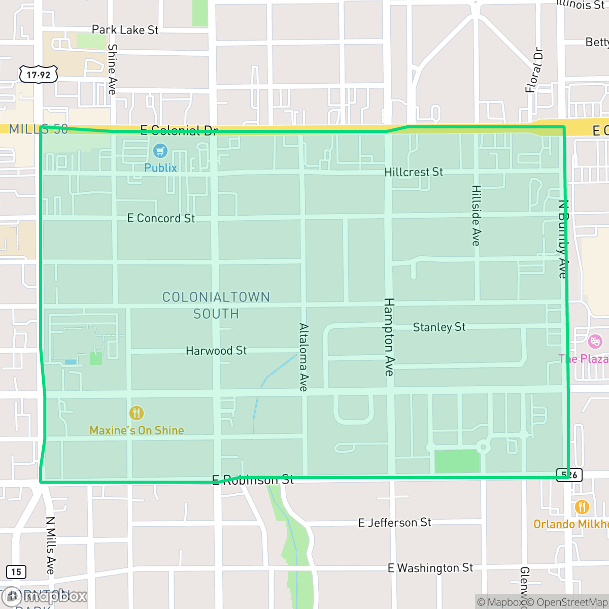 Map showing the location of Colonialtown South, Orlando, FL