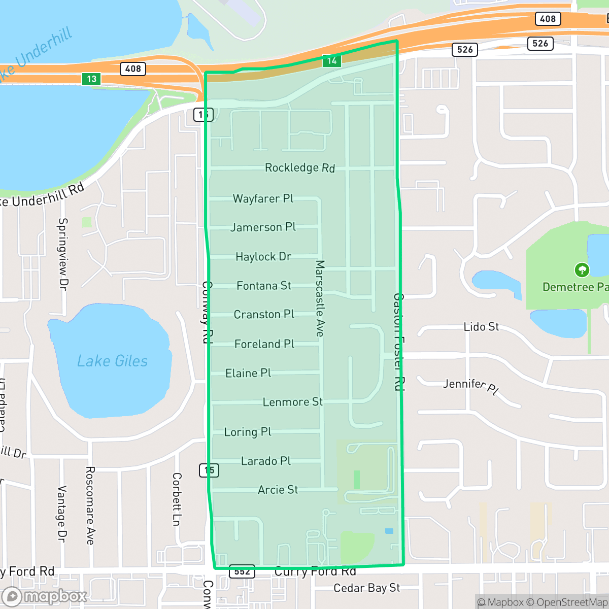 Map showing the location of Dover Shores East, Orlando, FL