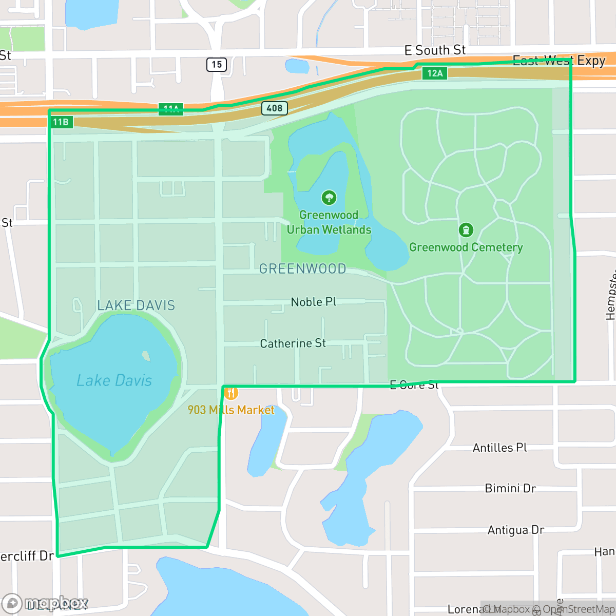 Map showing the location of Lake Davis-Greenwood, Orlando, FL