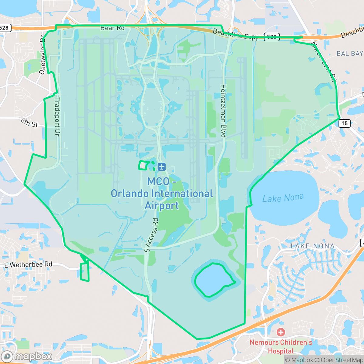 Map showing the location of Orlando International Airport, Orlando, FL