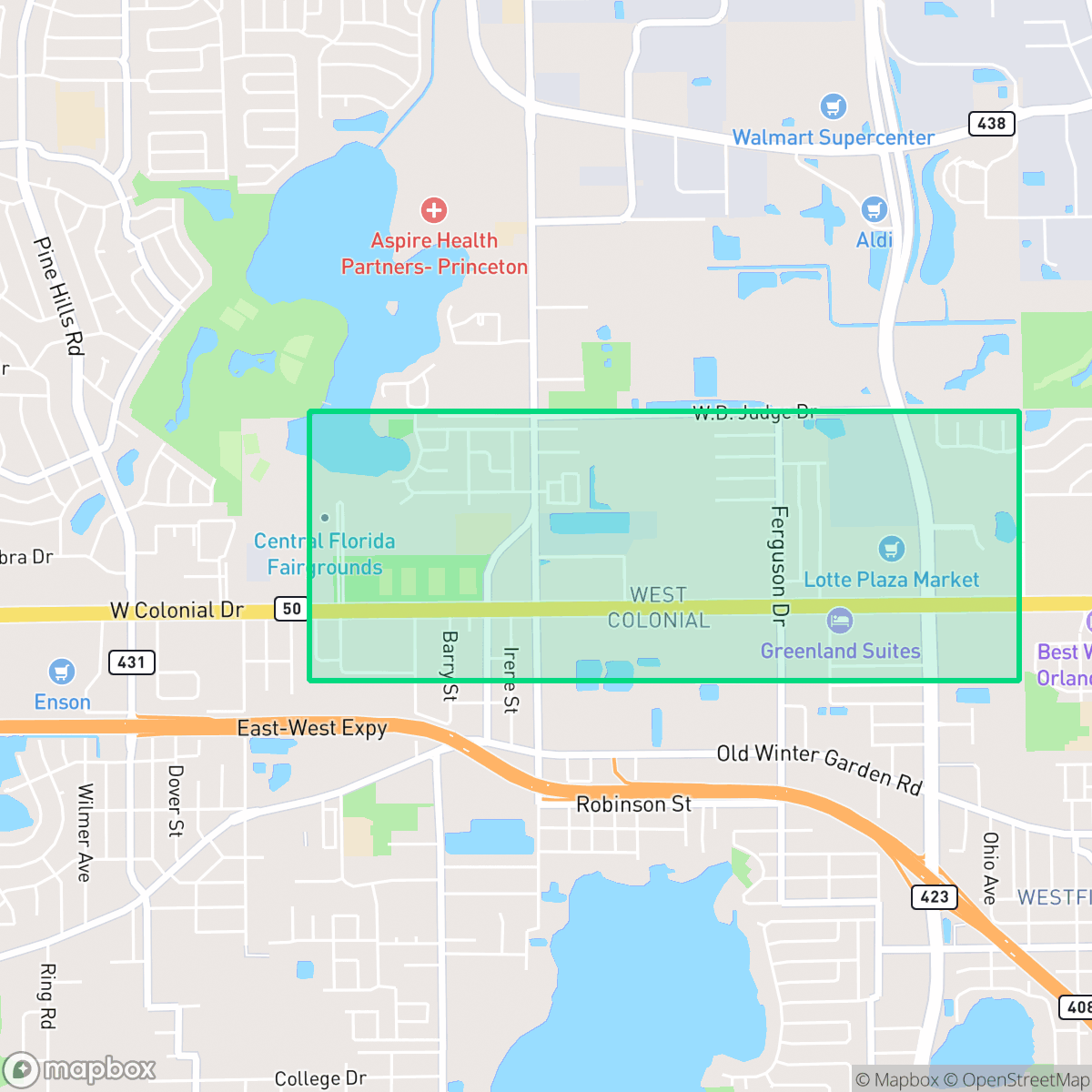 Map showing the location of West Colonial, Pine Hills, FL
