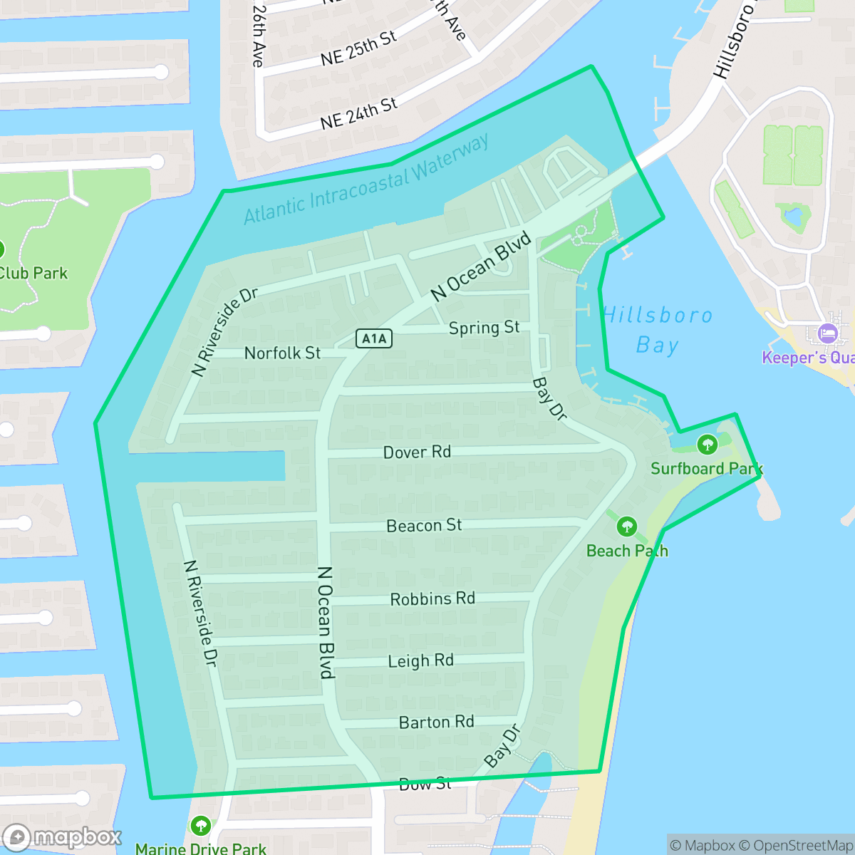 Map showing the location of Hillsboro Shores, Pompano Beach, FL