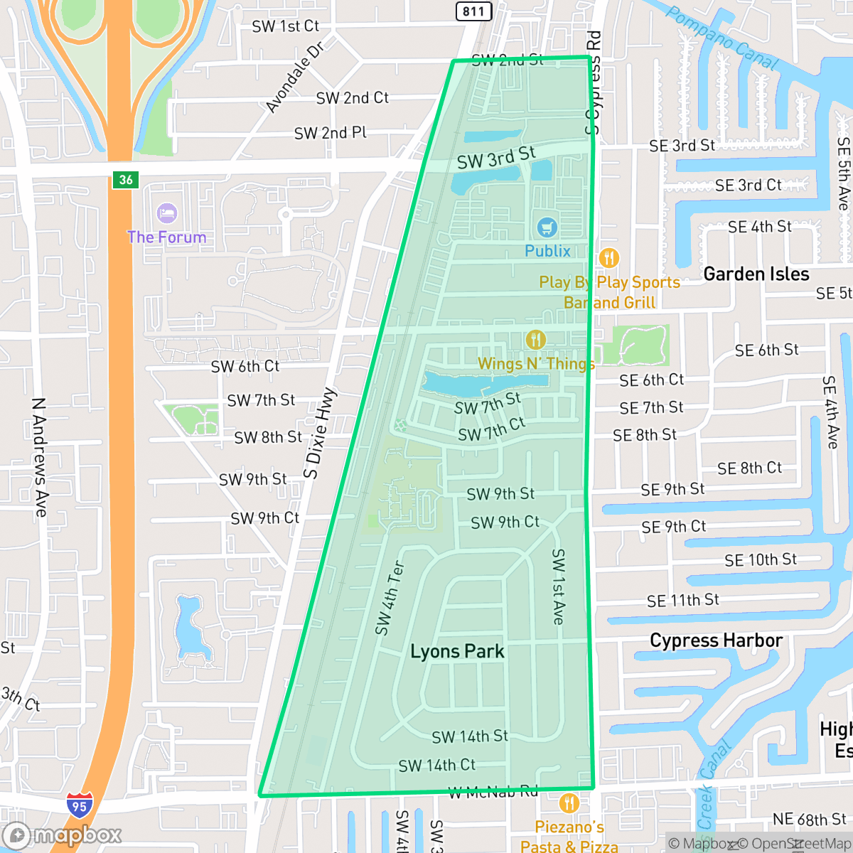 Map showing the location of Lyons Park, Pompano Beach, FL