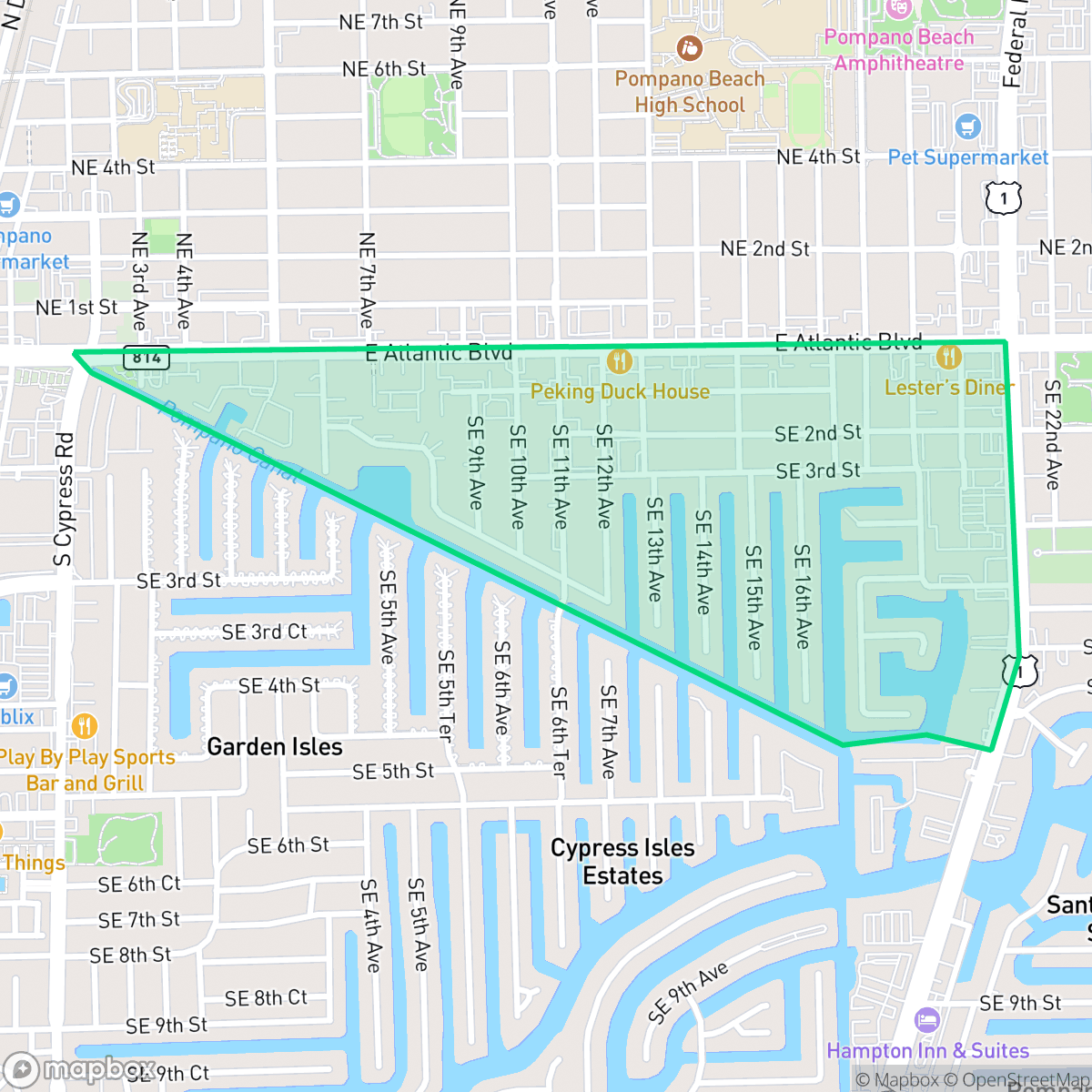 Map showing the location of Snug Harbor, Pompano Beach, FL