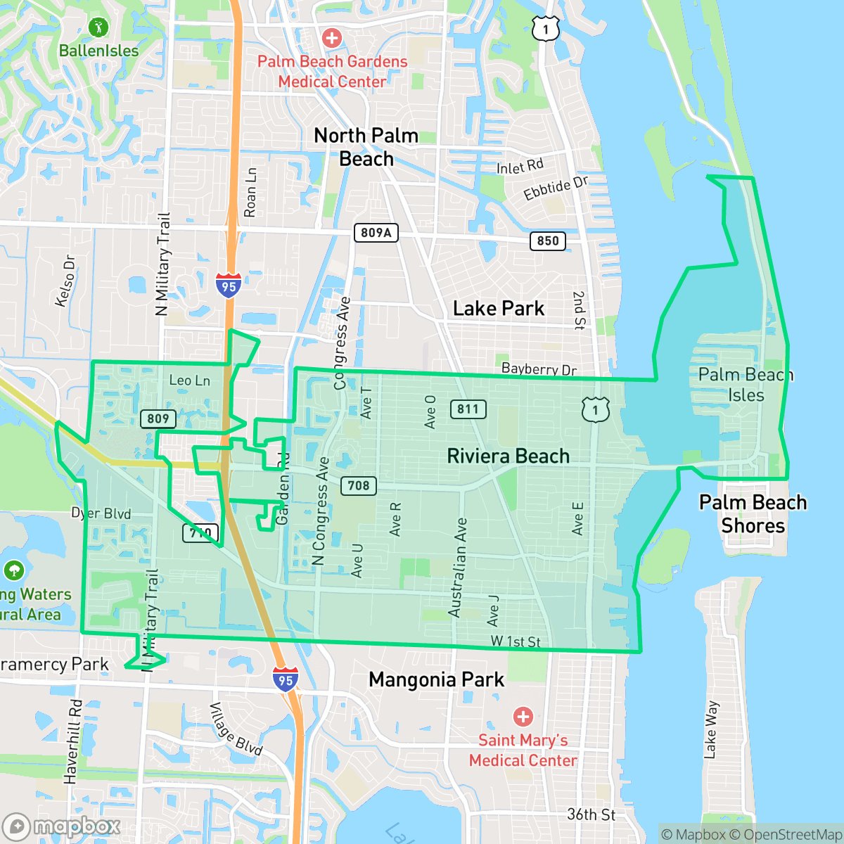 Map showing the location of Riviera Beach, FL — coverage area