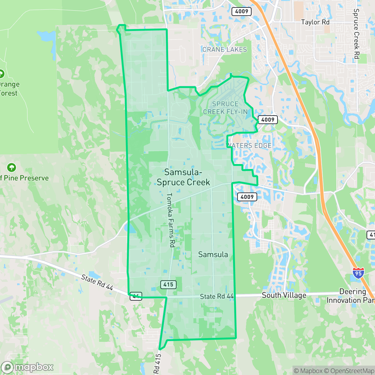 Map showing the location of Samsula-Spruce Creek, FL — coverage area