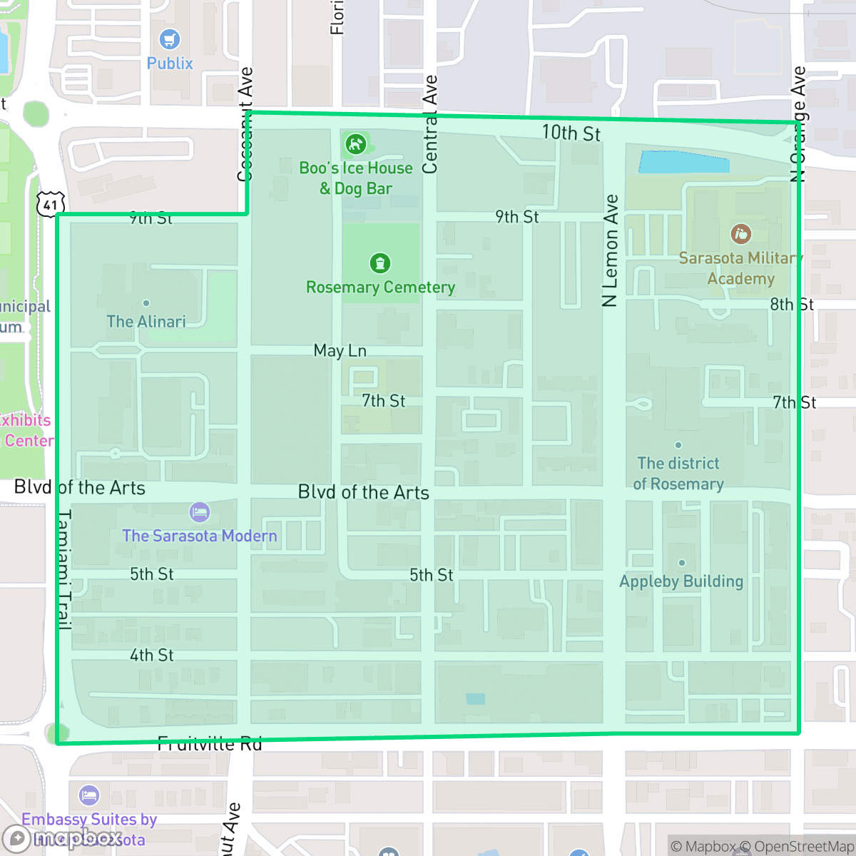 Map showing the location of Rosemary District, Sarasota, FL